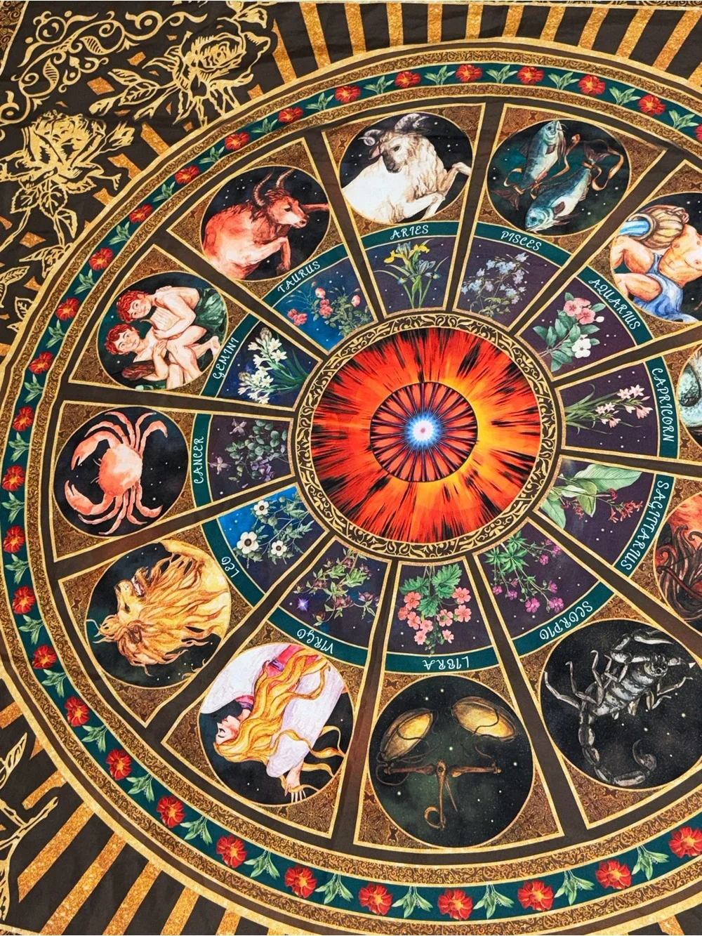 Gold and Black Zodiac Wheel Wall Art tapestry artwork 50x58